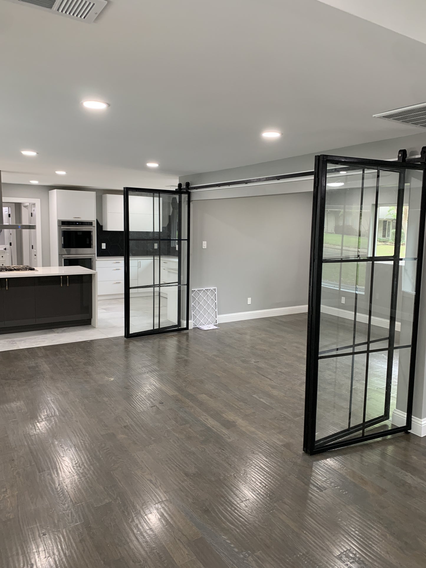 Modern Black Framed Barn Door with Glass Panels