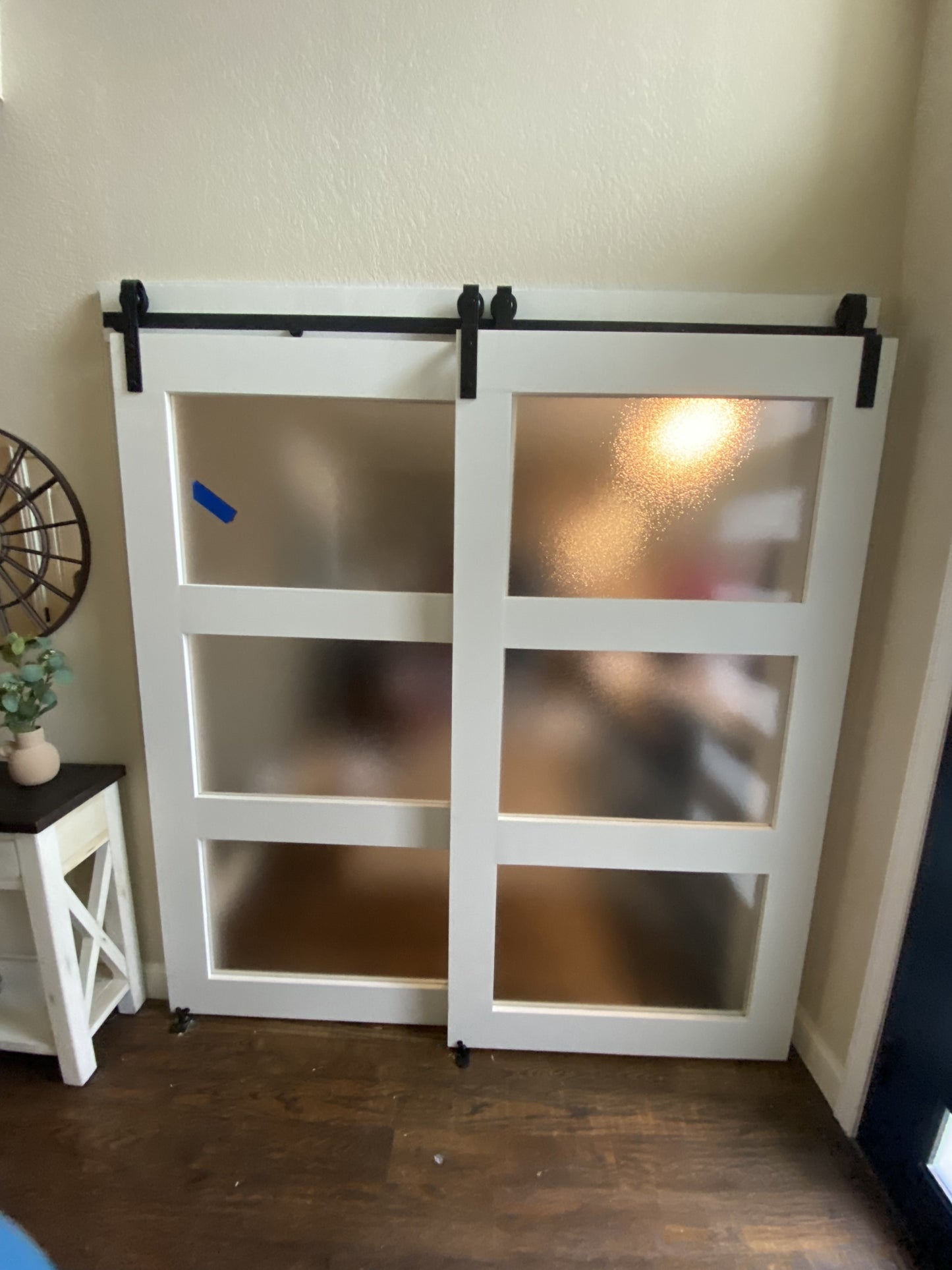 Frosted Glass Barn Door with Horizontal Slat Design