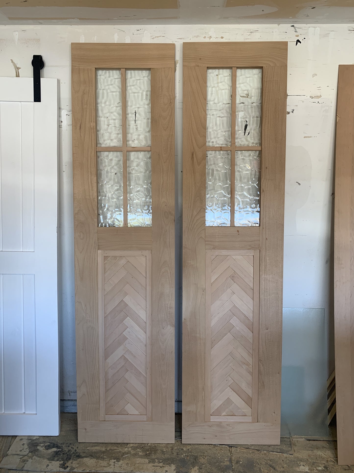 Chevron Paneled Barn Door with Frosted Glass Inserts