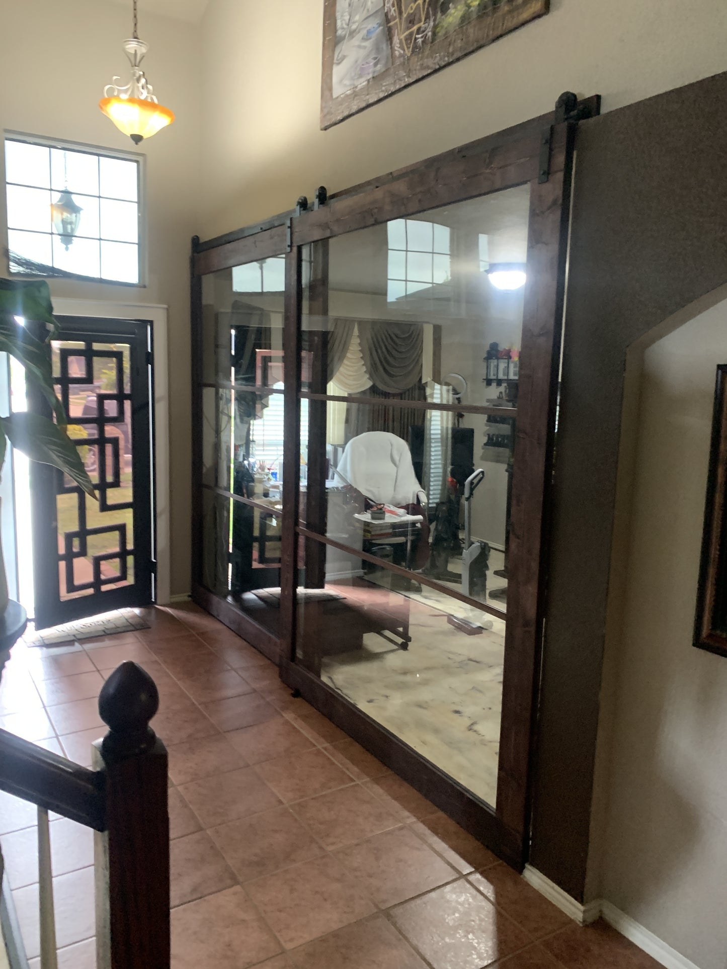 Large Sliding Glass Barn Door with Dark Wood Frame