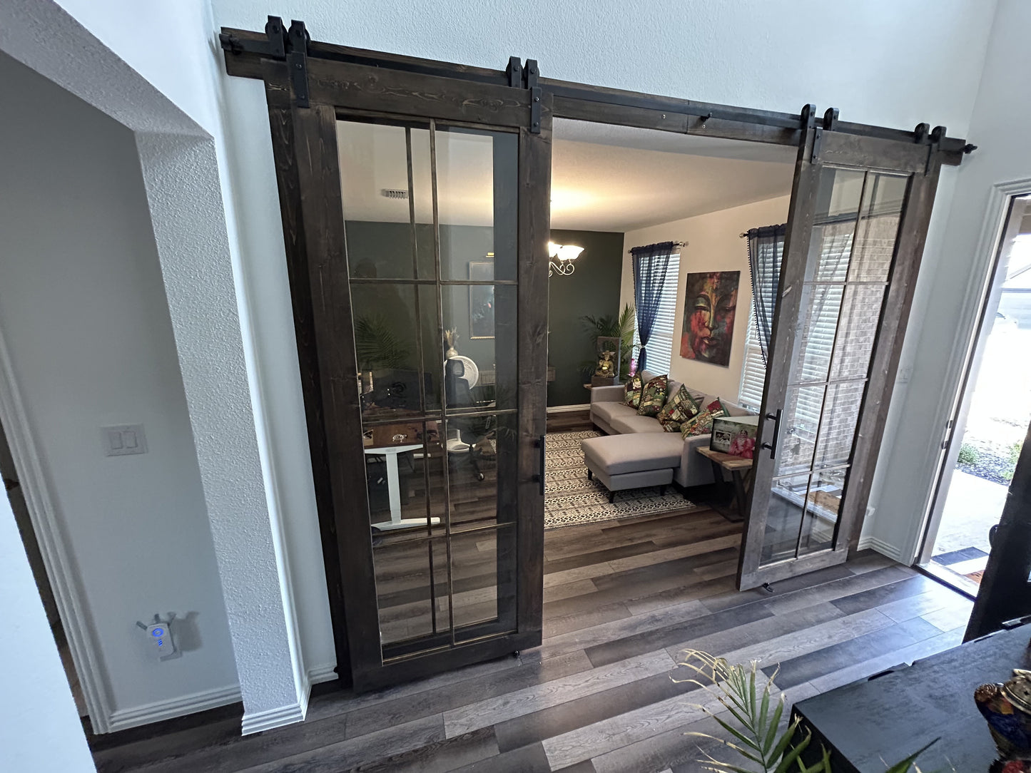 Glass Panel Barn Door with Rustic Wood Frame