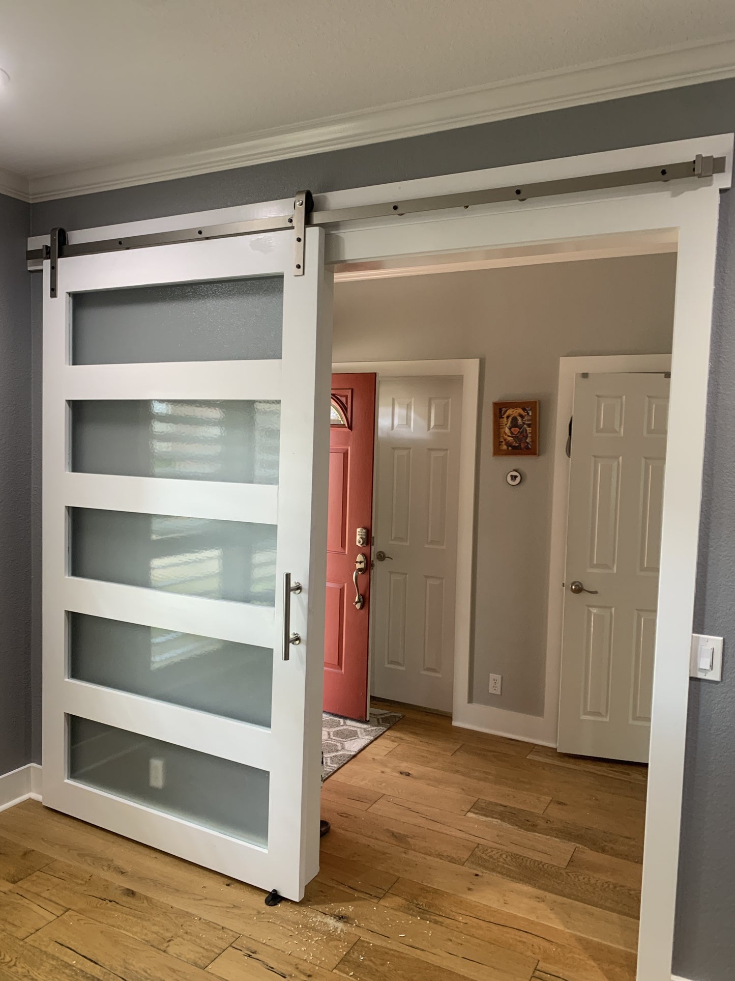 Modern Horizontal Slat Barn Door with Frosted Glass