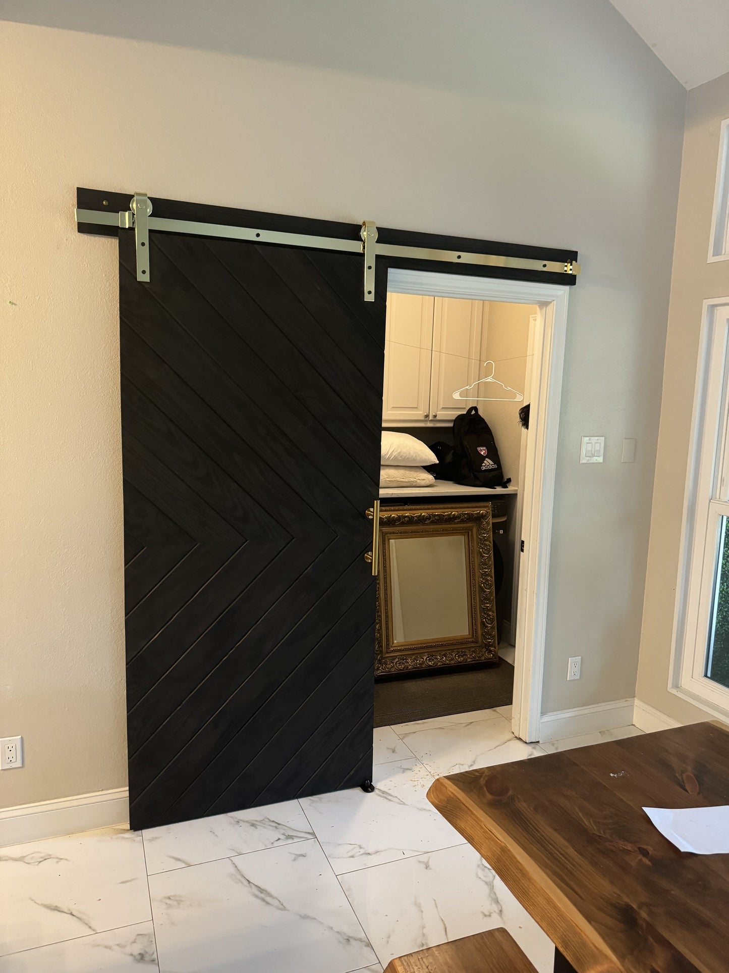 Chevron Style Sliding Barn Door with Brass Hardware