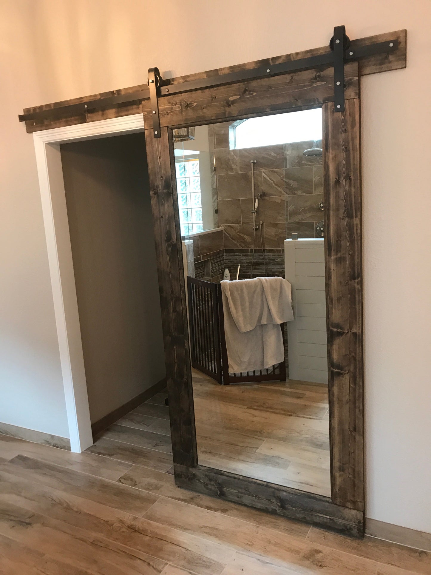 Rustic Mirror Barn Door with Dark Wood Finish