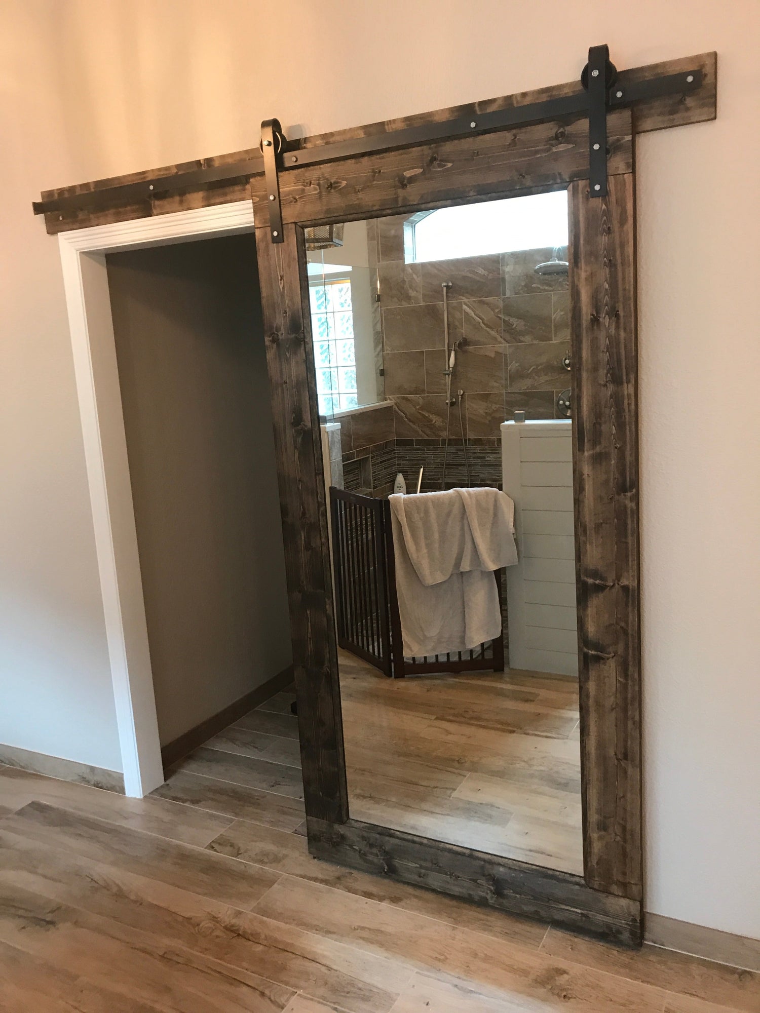 Rustic Mirror Barn Door with Dark Wood Finish
