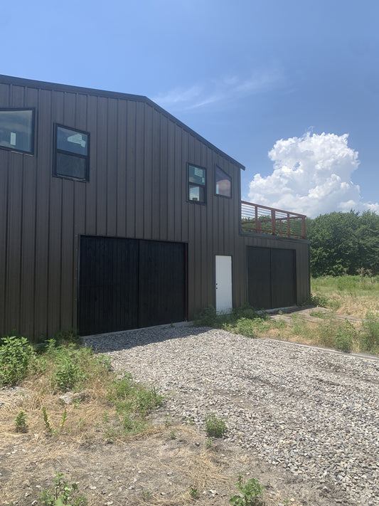 Modern Flat Board Barn Door with Upper Deck Railing