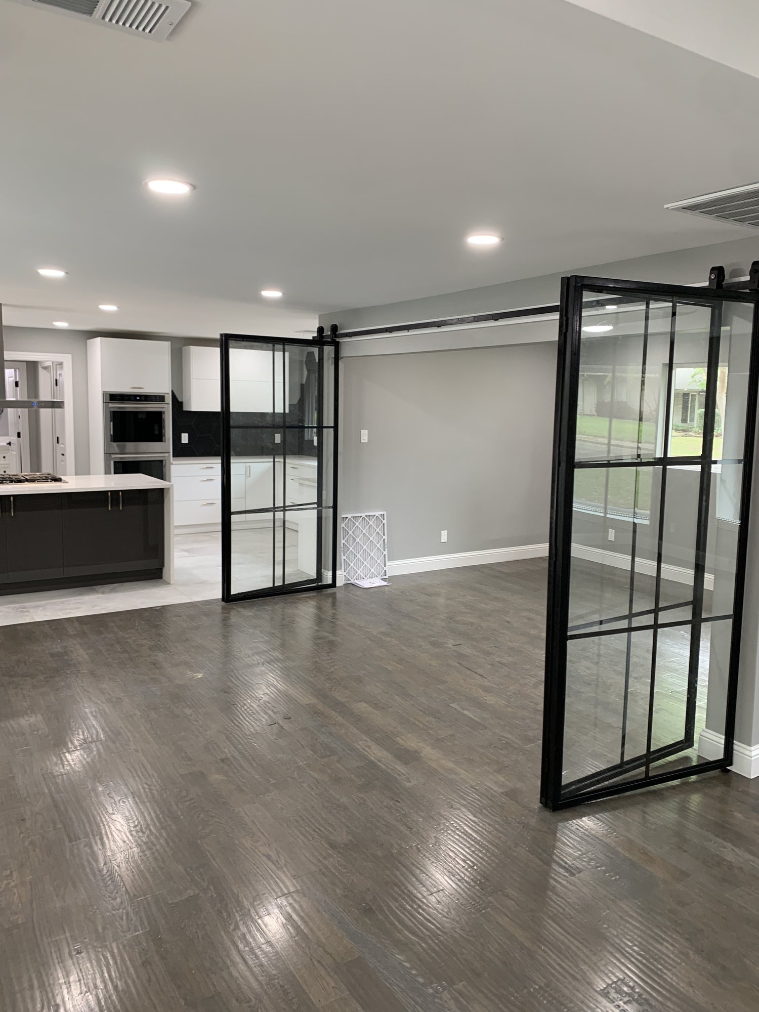 Modern Black Framed Barn Door with Glass Panels
