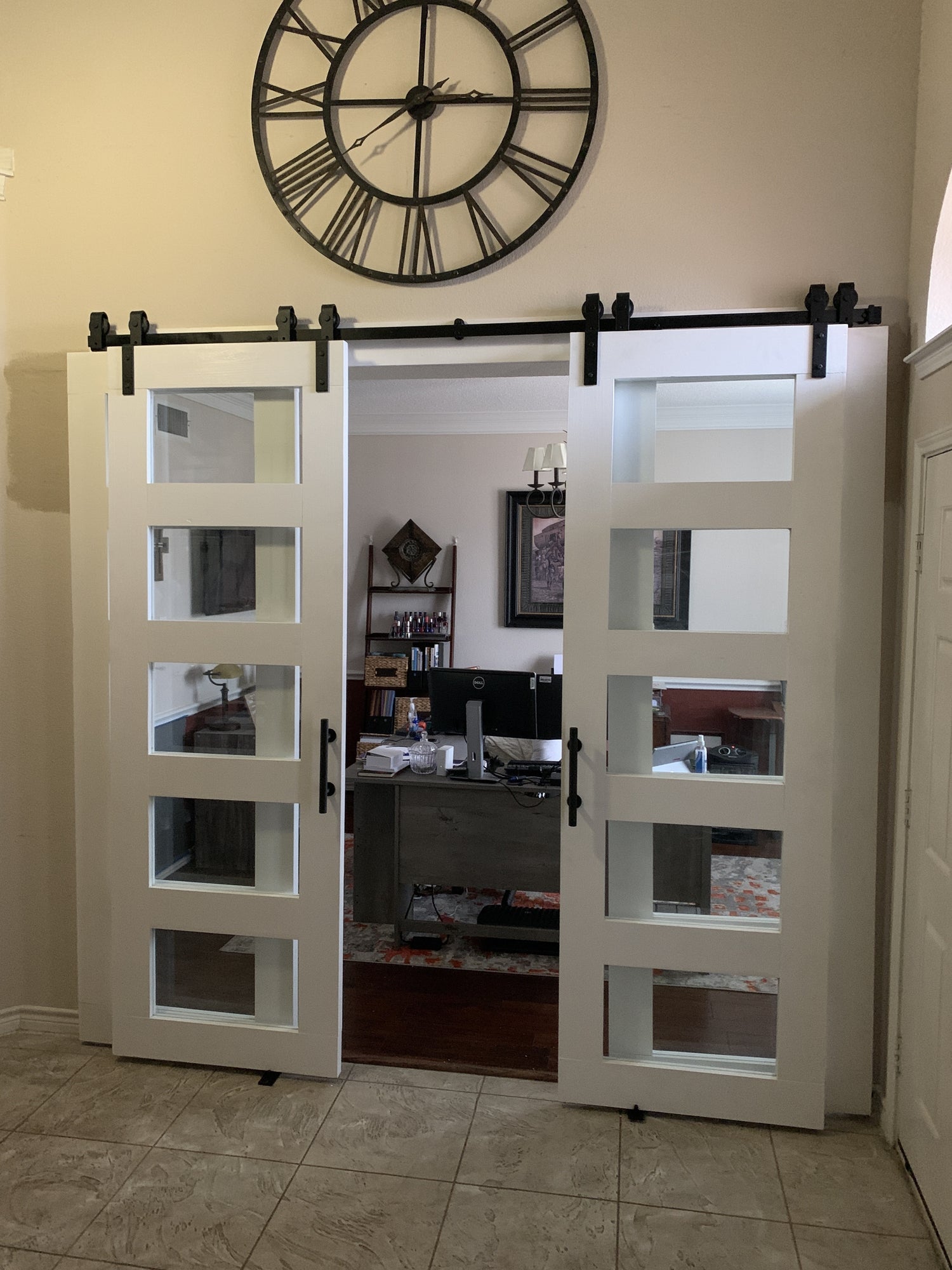 Modern Barn Door with Glass Panels and Black Hardware