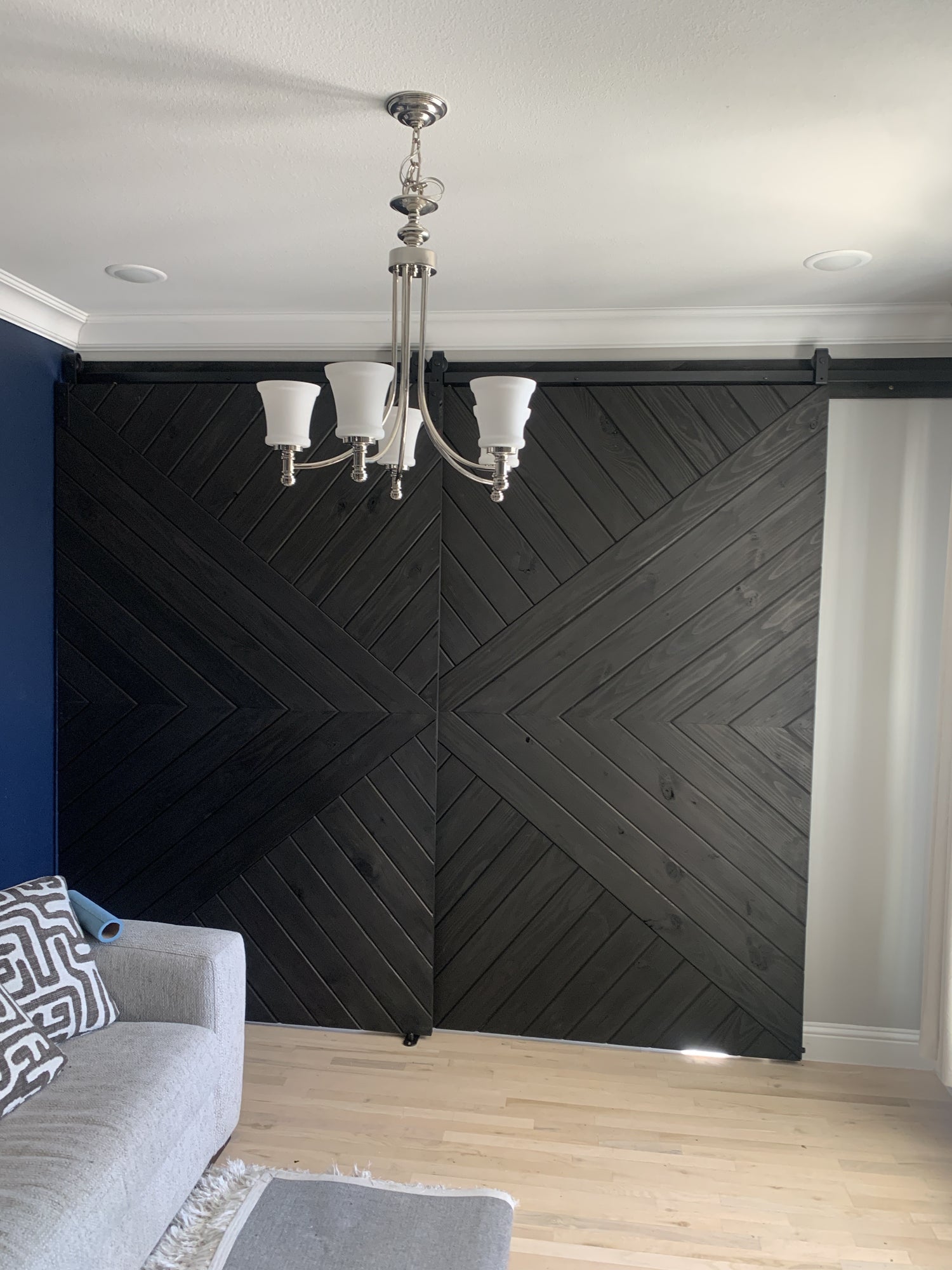 Chevron Pattern Sliding Barn Door with Minimalist Hardware