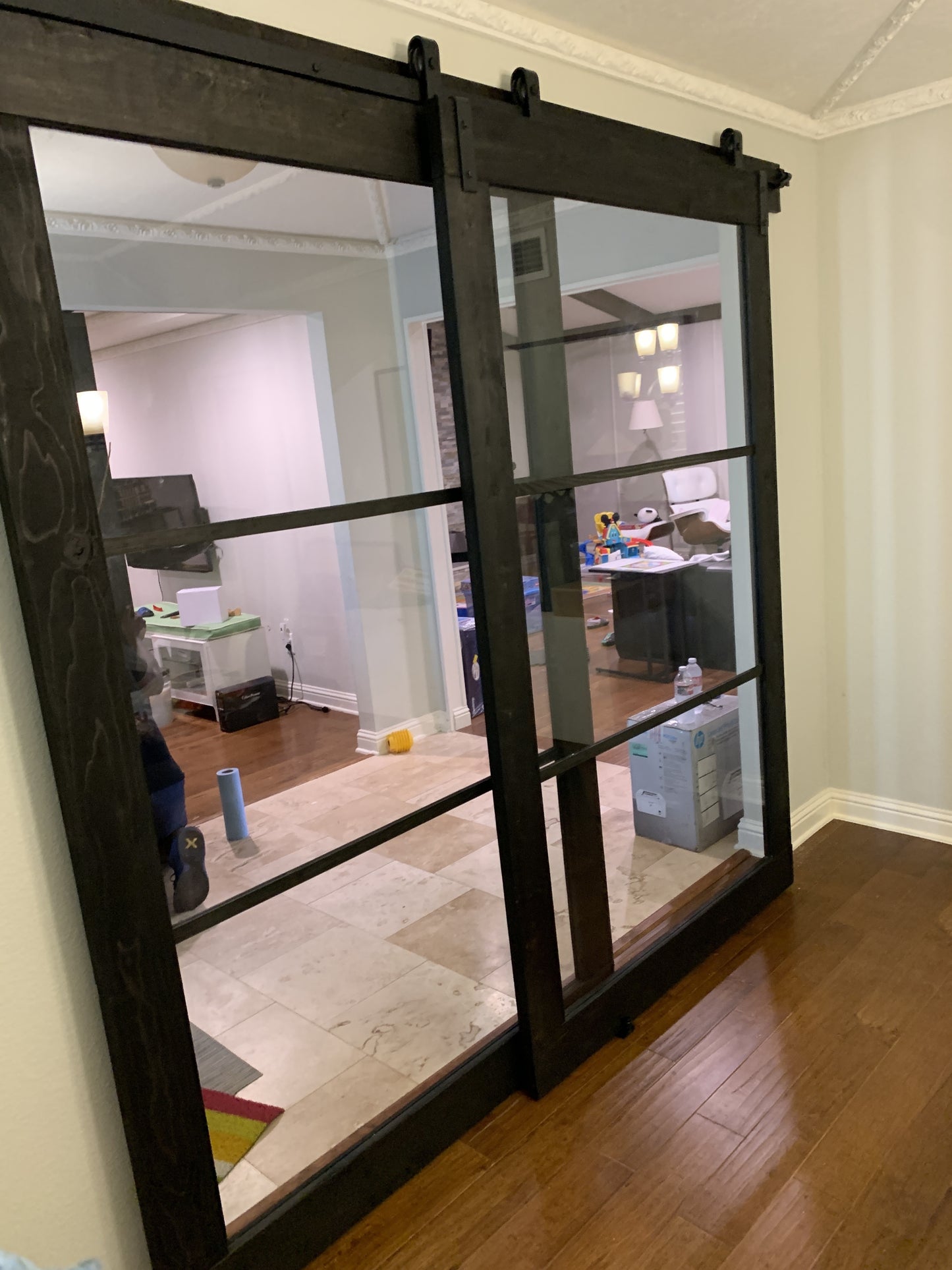 Modern Black Sliding Barn Door with Glass Panels