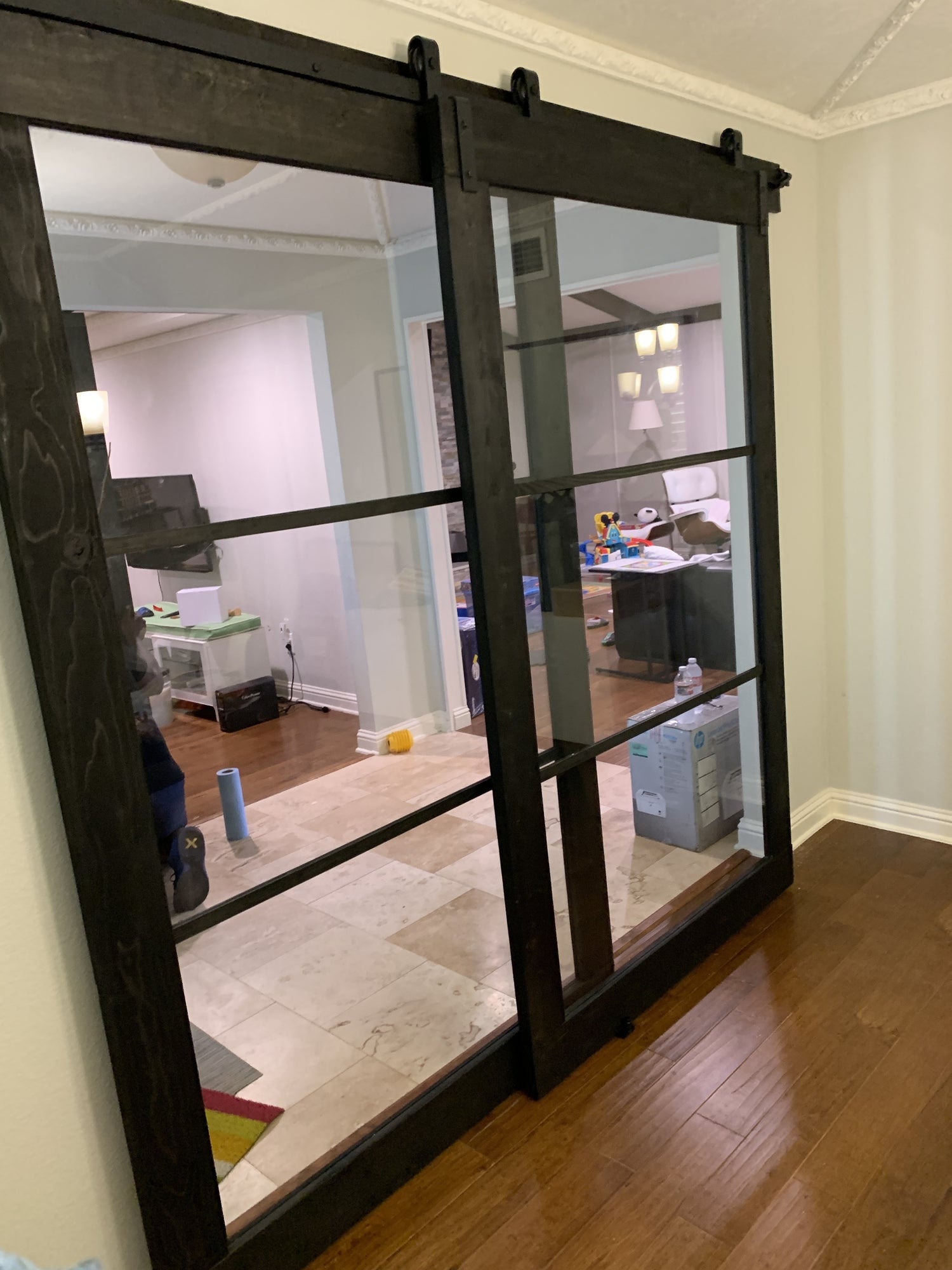 Modern Black Sliding Barn Door with Glass Panels