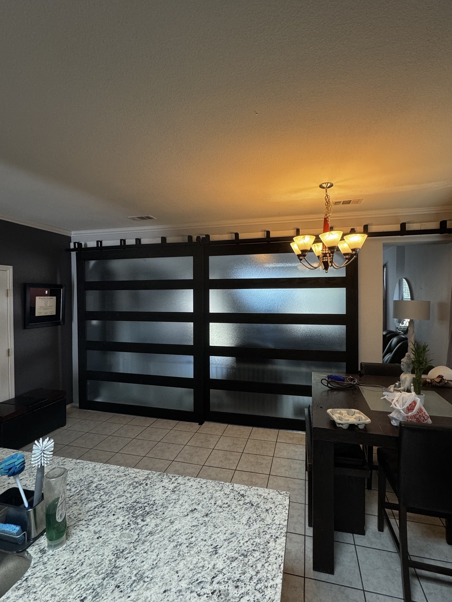 Horizontal Slat Sliding Barn Door with Frosted Glass