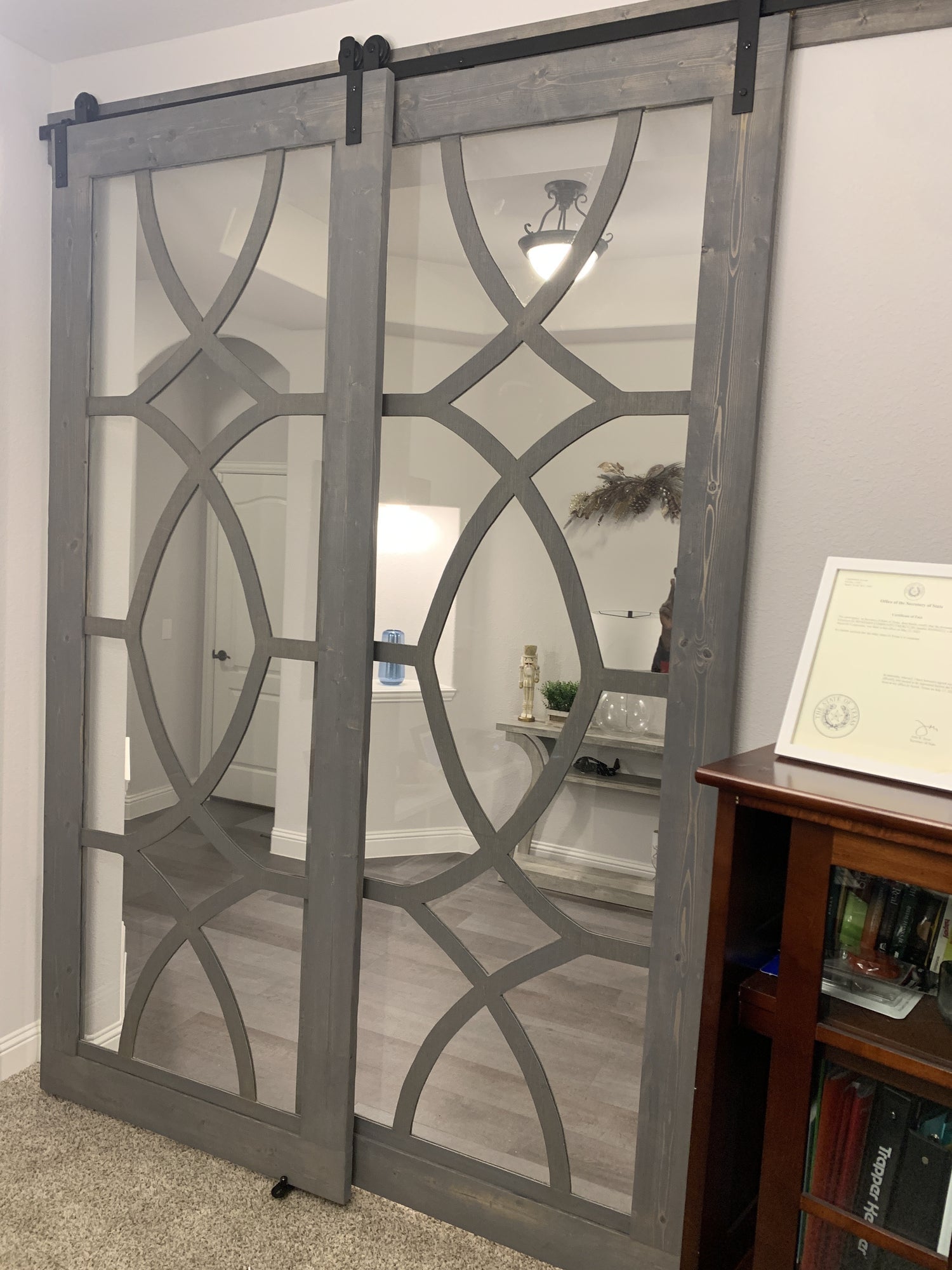 Geometric Glass Barn Door with Black Hardware