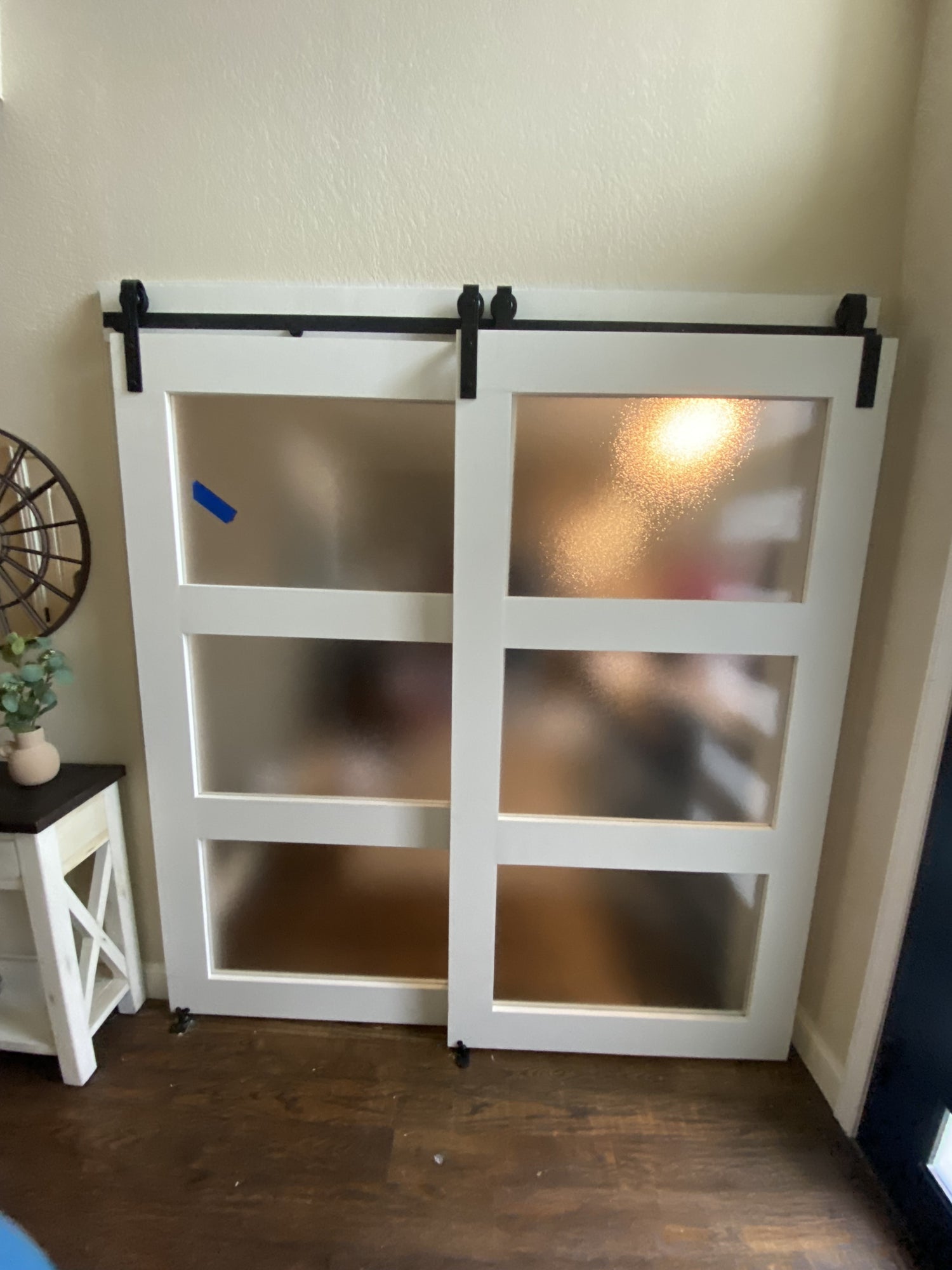 Frosted Glass Barn Door with Horizontal Slat Design