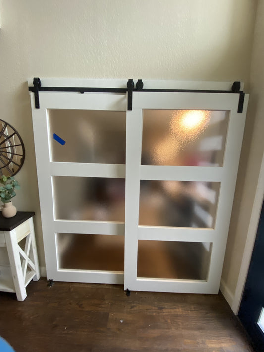 Frosted Glass Barn Door with Horizontal Slat Design