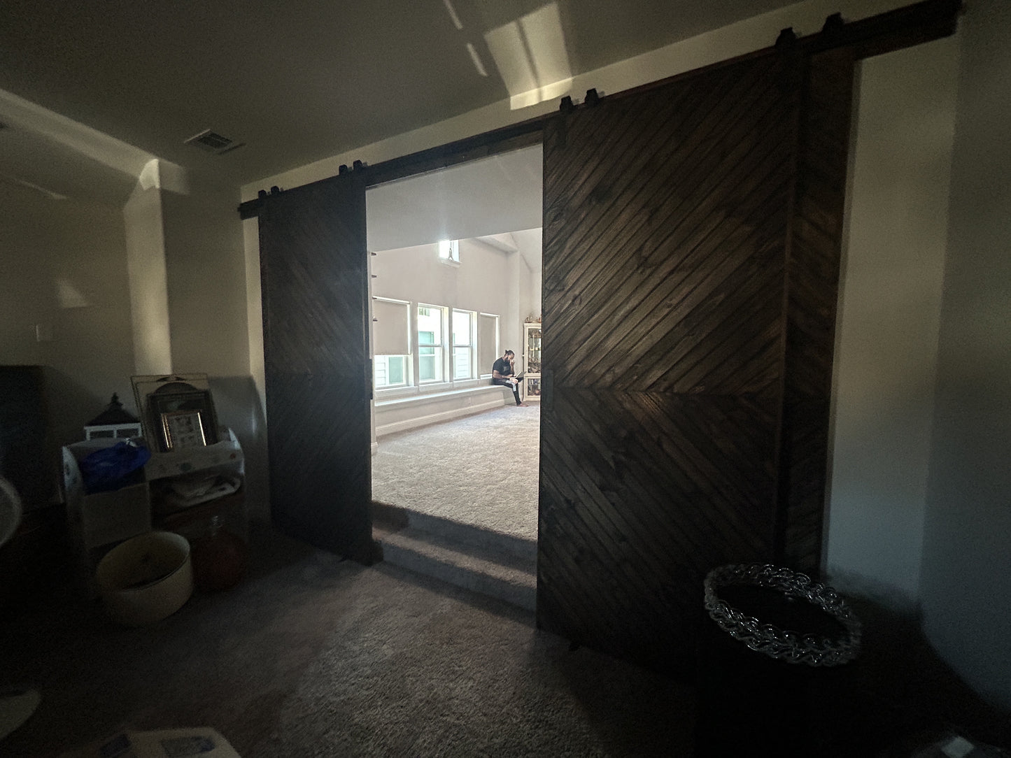 Chevron Pattern Sliding Barn Door with Dark Wood Finish