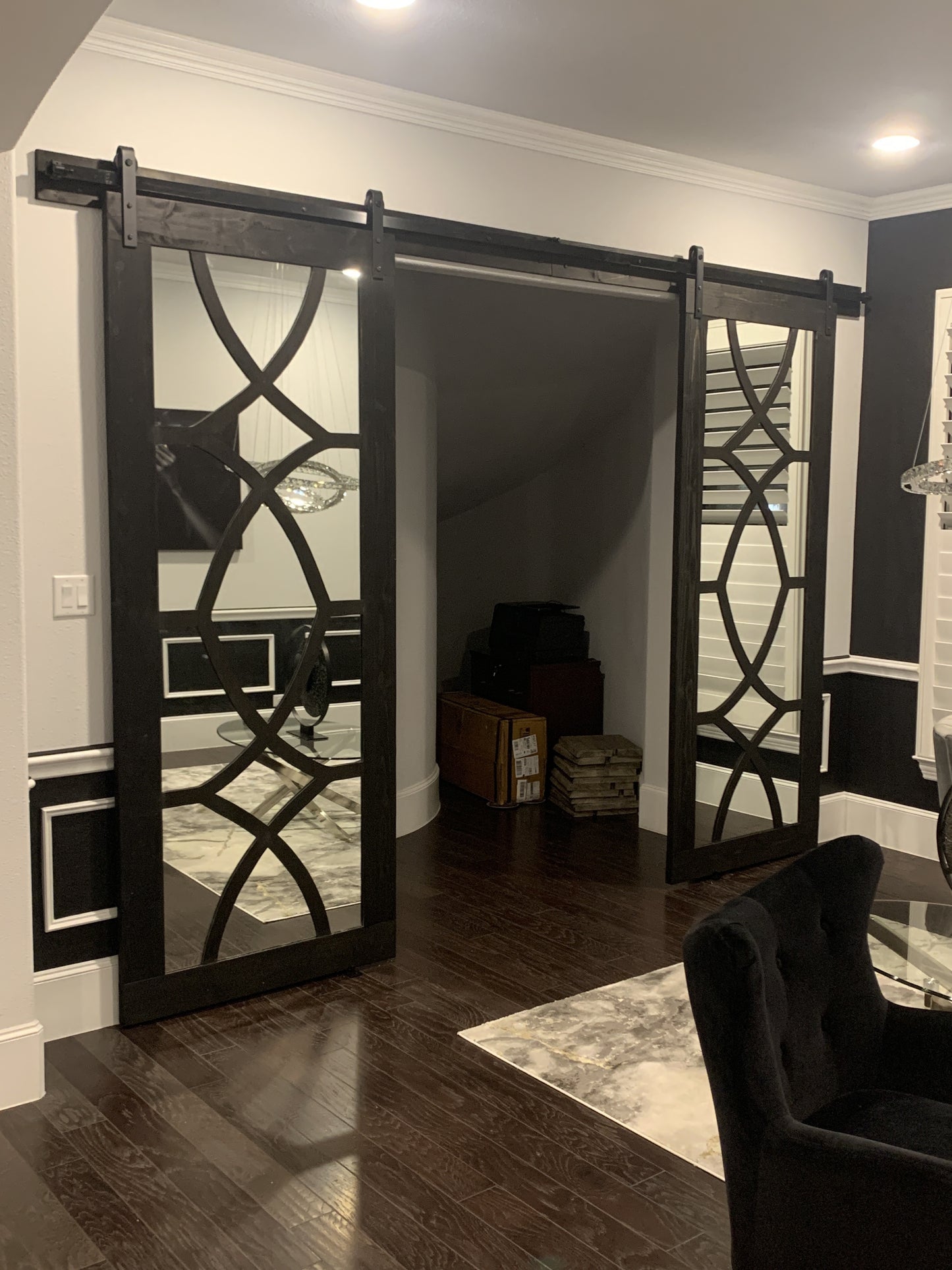 Geometric Glass Pane Barn Door System with Black Hardware