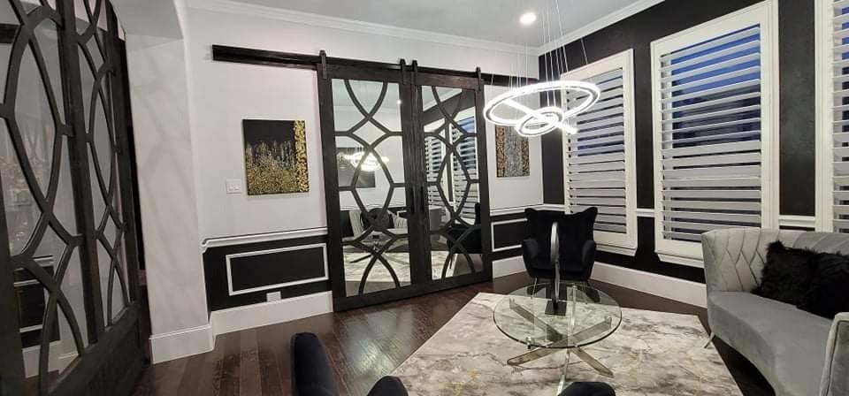 Ornate Pattern Sliding Barn Door with Reflective Panels