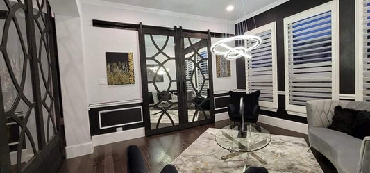 Ornate Pattern Sliding Barn Door with Reflective Panels