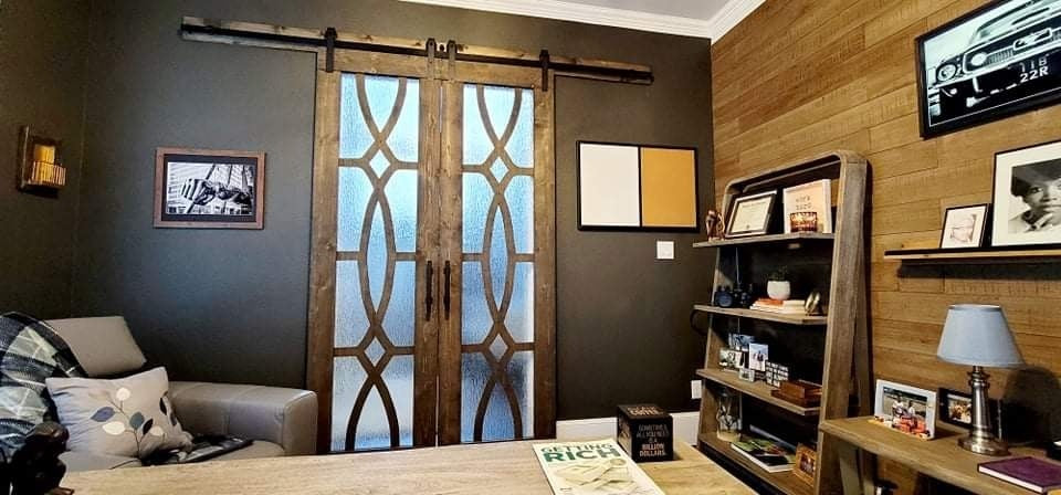 X-Brace Frosted Barn Door with Rustic Finish