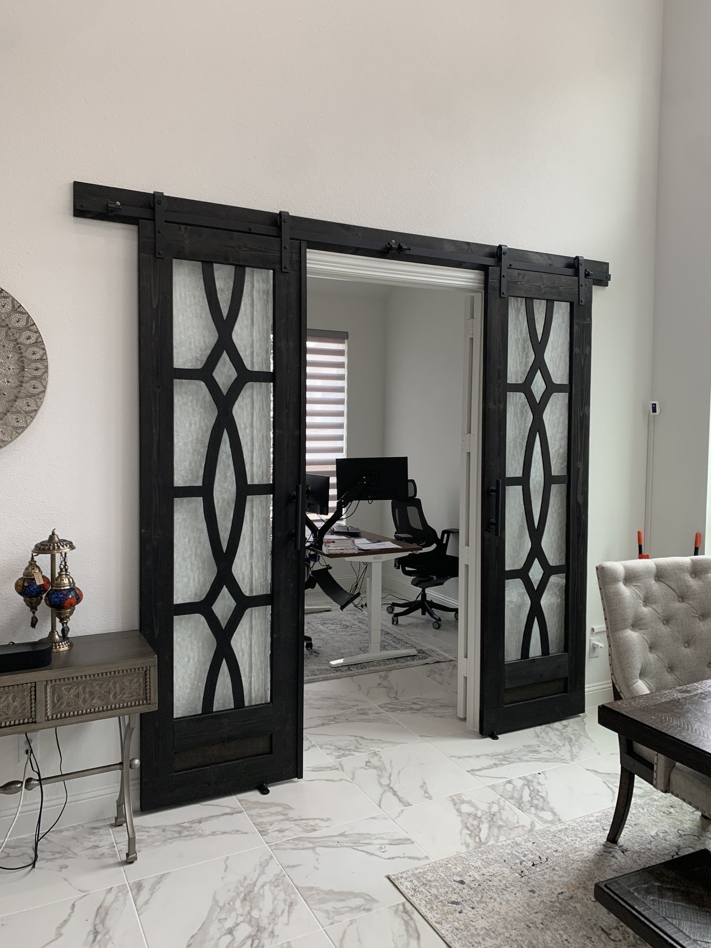 Decorative Panel Barn Door with Black Hardware