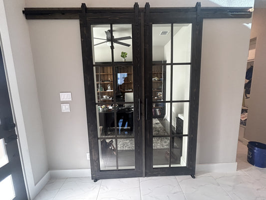 Contemporary Glass Barn Door with Dark Wood Frame