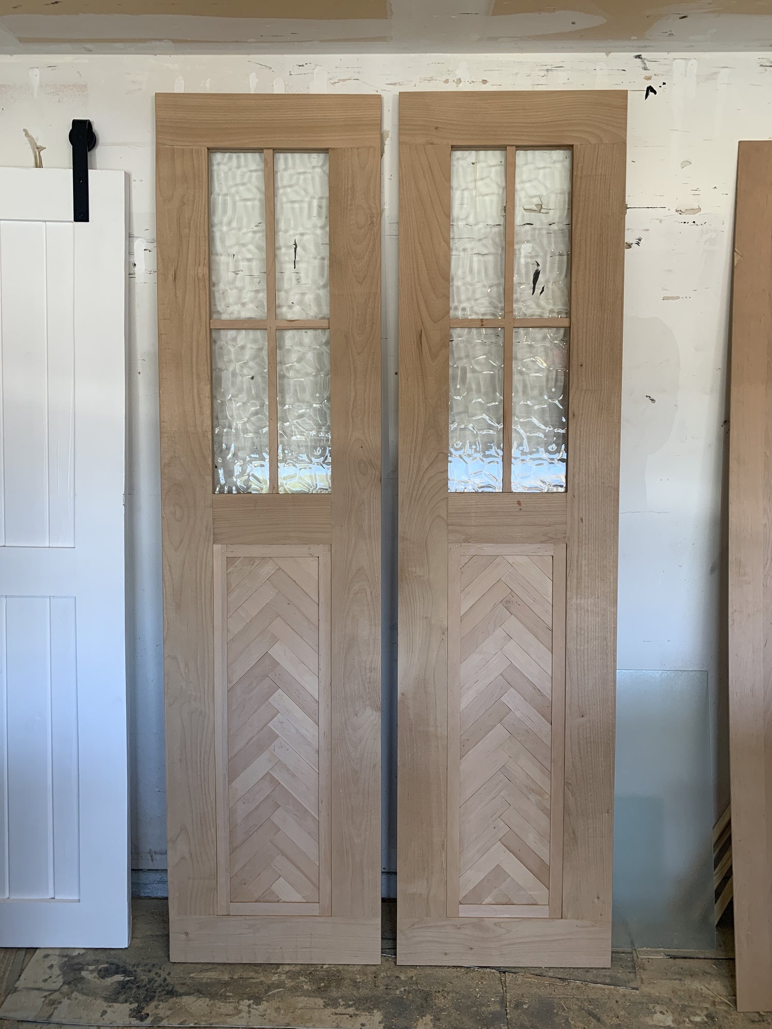 Chevron Paneled Barn Door with Frosted Glass Inserts