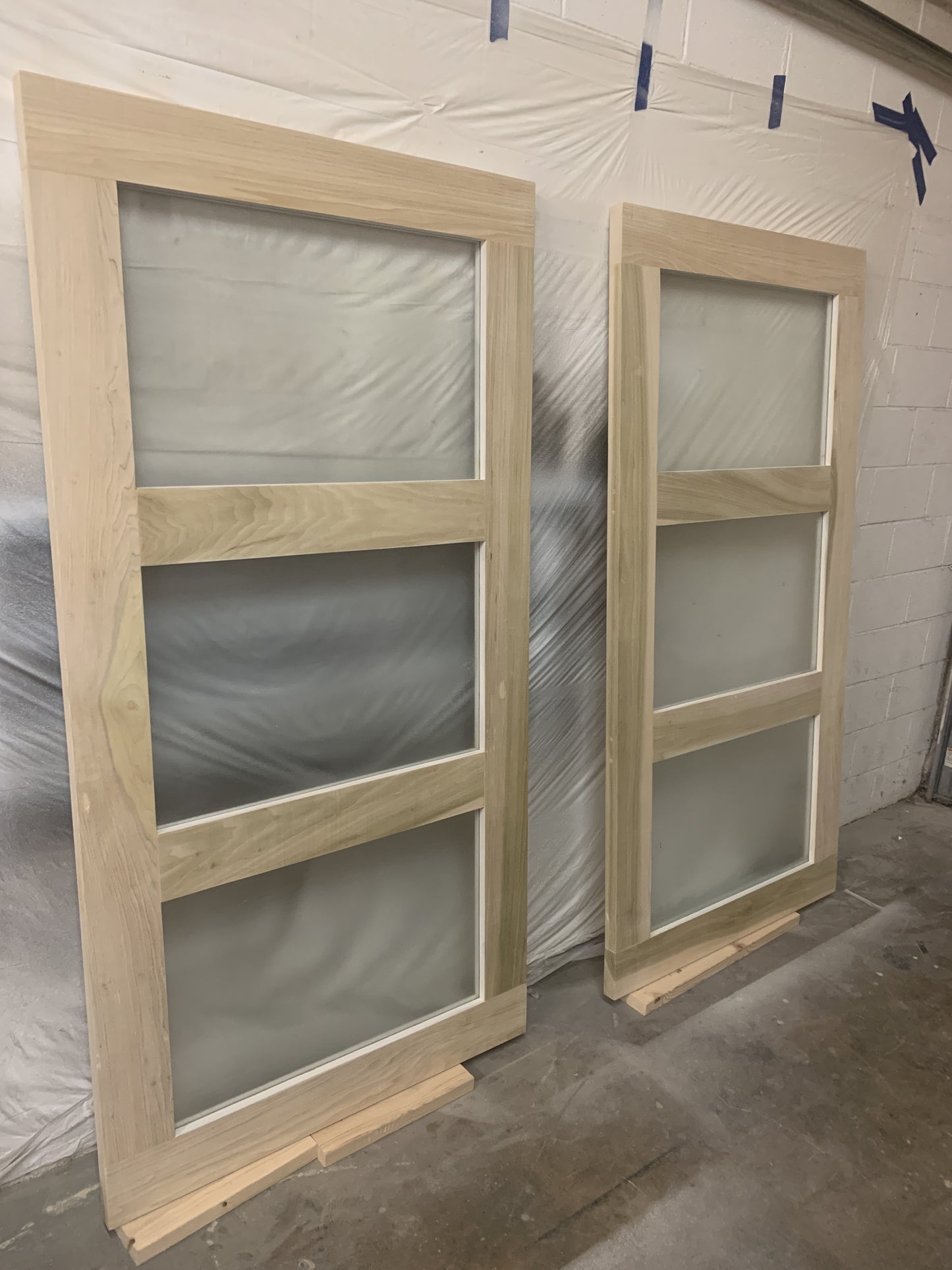 Horizontal Slat Barn Door with Frosted Glass Panels