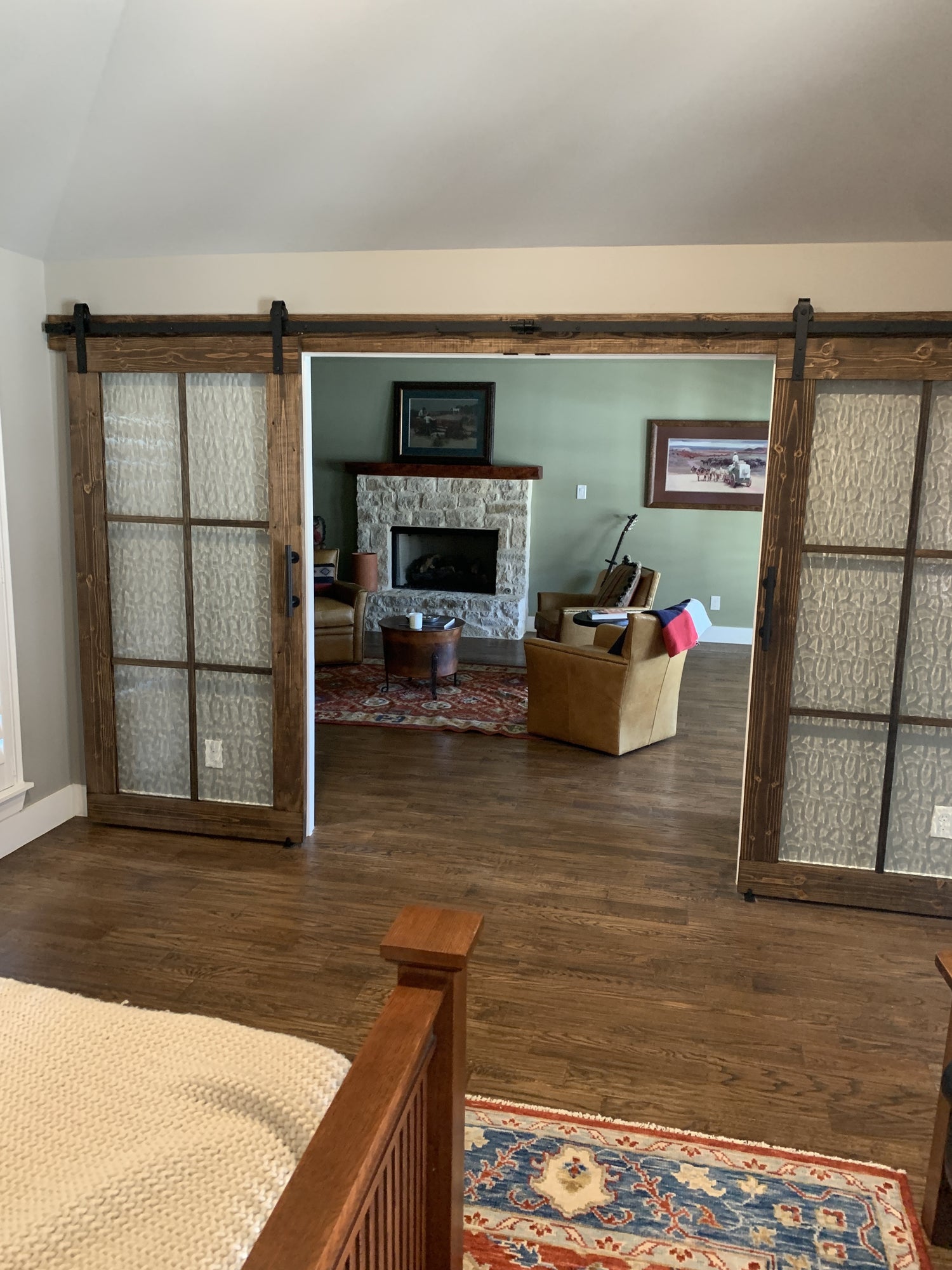 Rustic Barn Door with Glass Panels and Dark Wood Finish