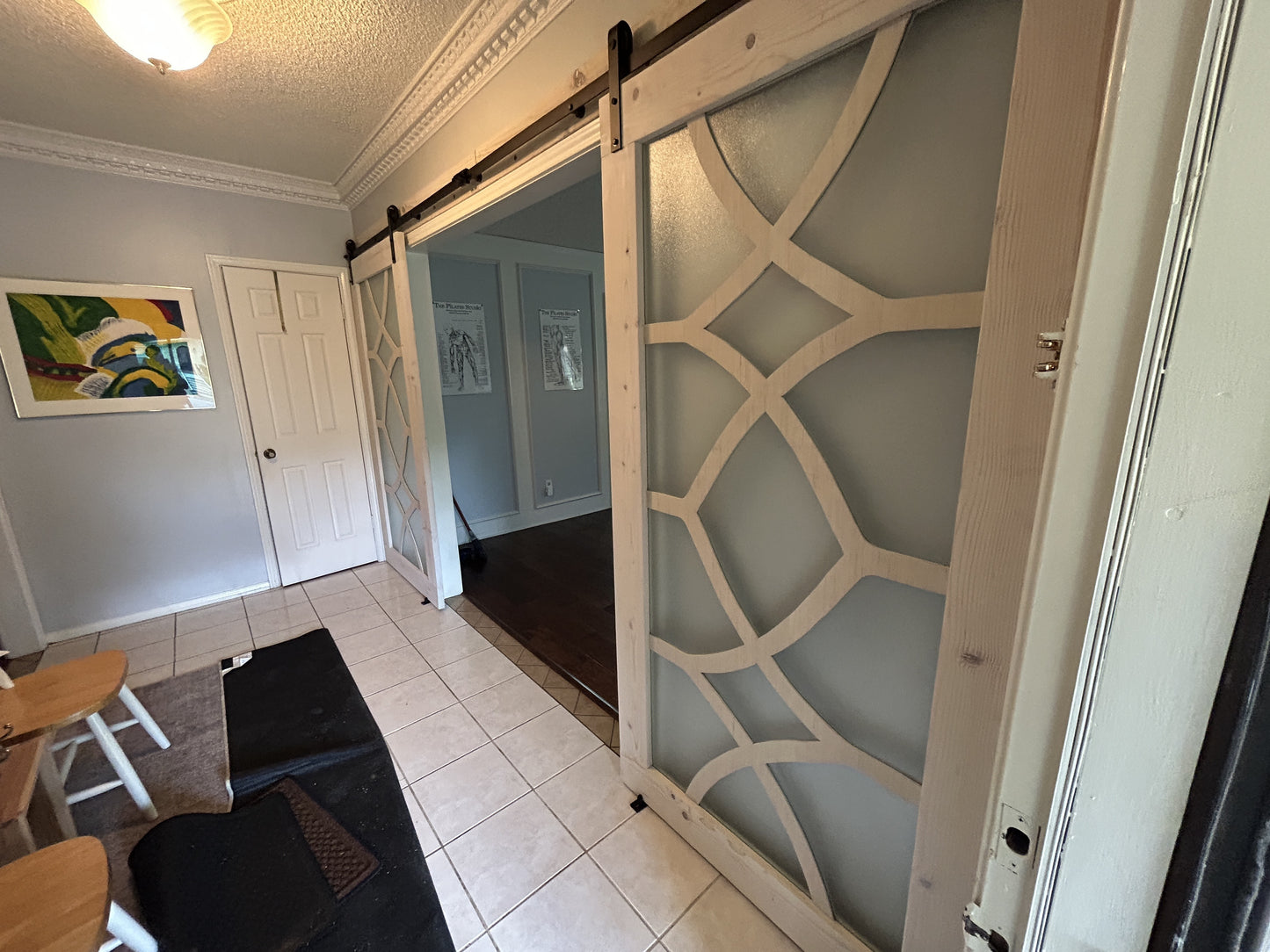 Geometric Pattern Barn Door with Frosted Glass