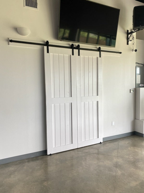 Double Flat Panel Barn Door with Black Hardware