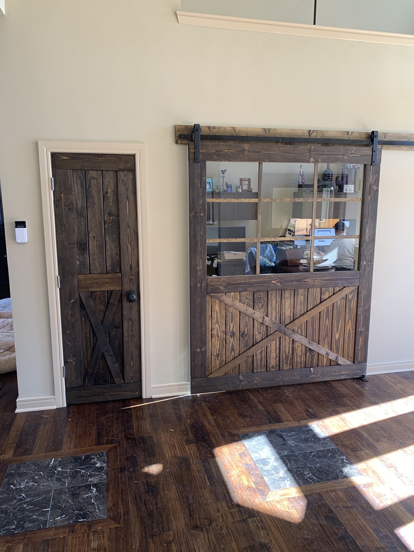 X-Brace Wood Barn Door with Glass Panel