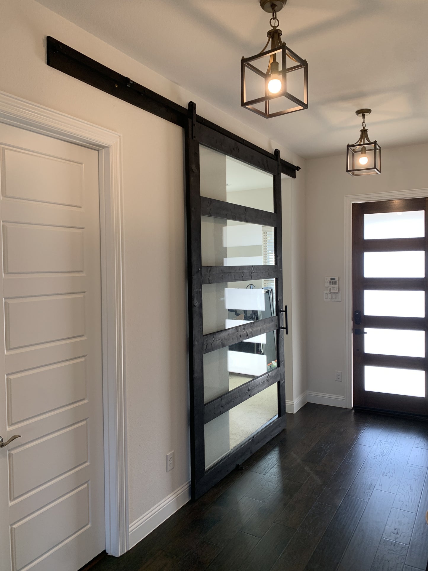 Horizontal Slat Sliding Barn Door with Glass Panels