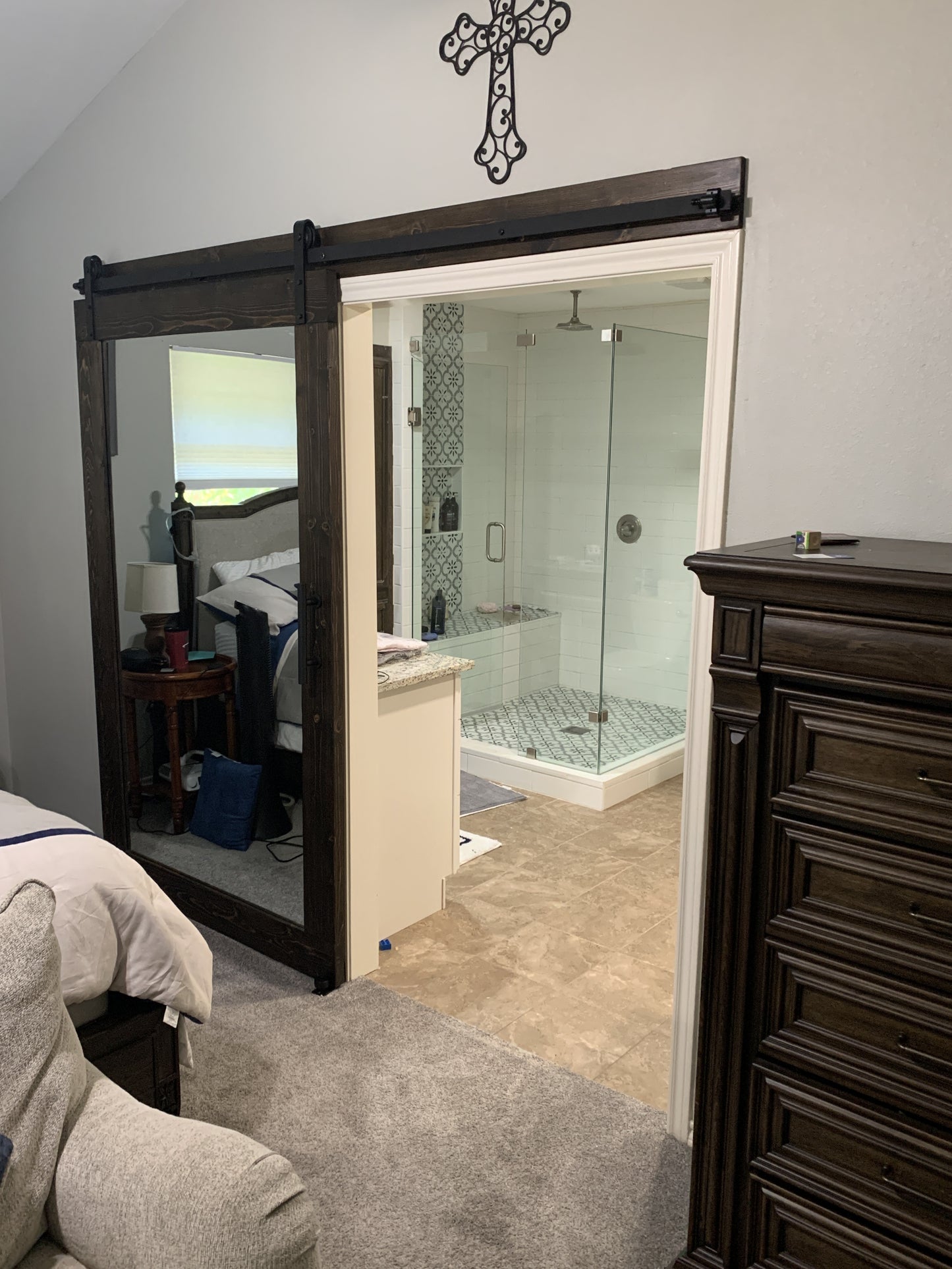 Rustic Dark Wood Barn Door with Mirror
