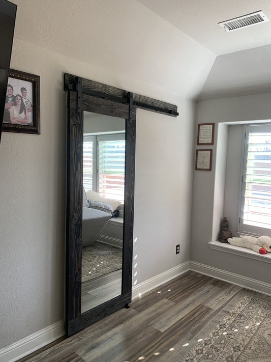 Rustic Flat Board Sliding Barn Door with Mirror
