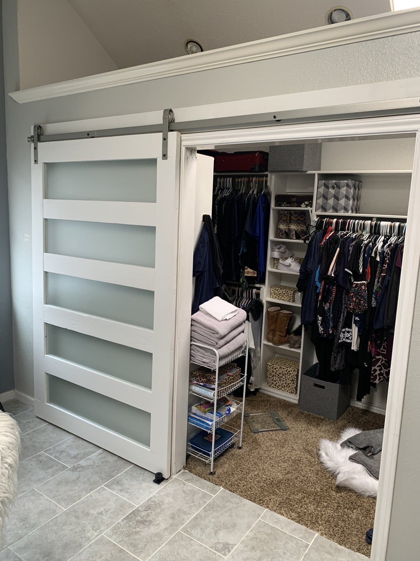 Horizontal Slat Barn Door with Frosted Glass