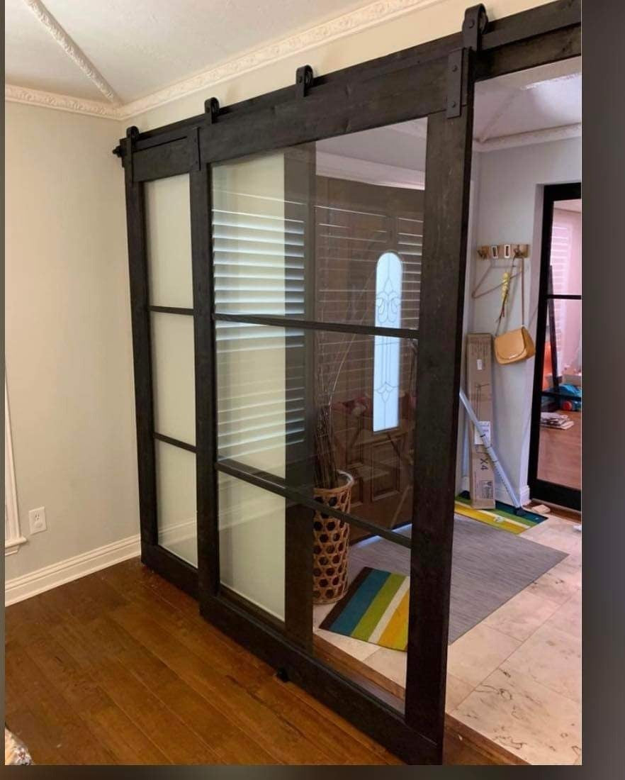Sliding Glass Barn Door with Dark Wood Frame