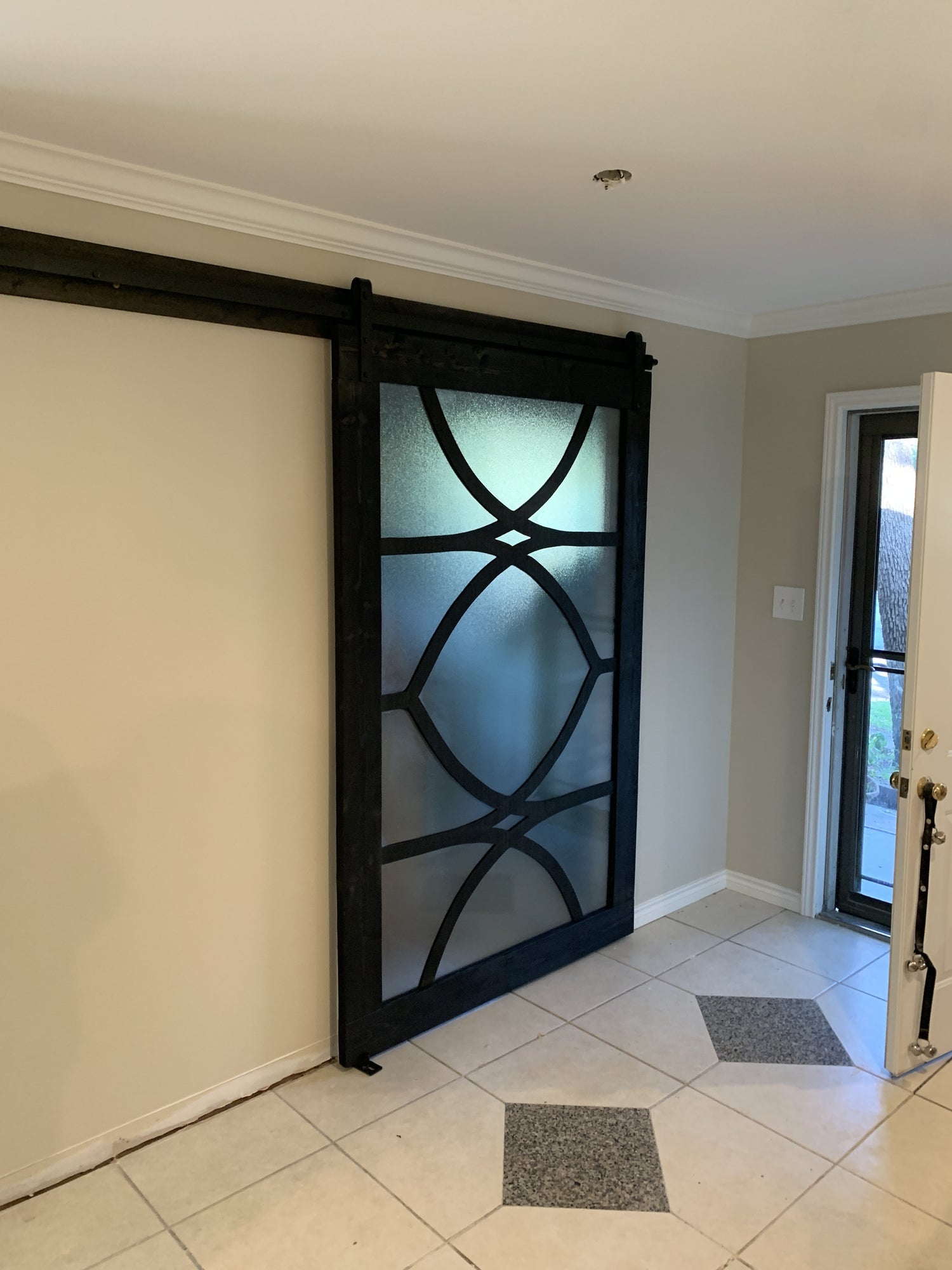 Black Frosted Glass Barn Door with Designer Cross Pattern