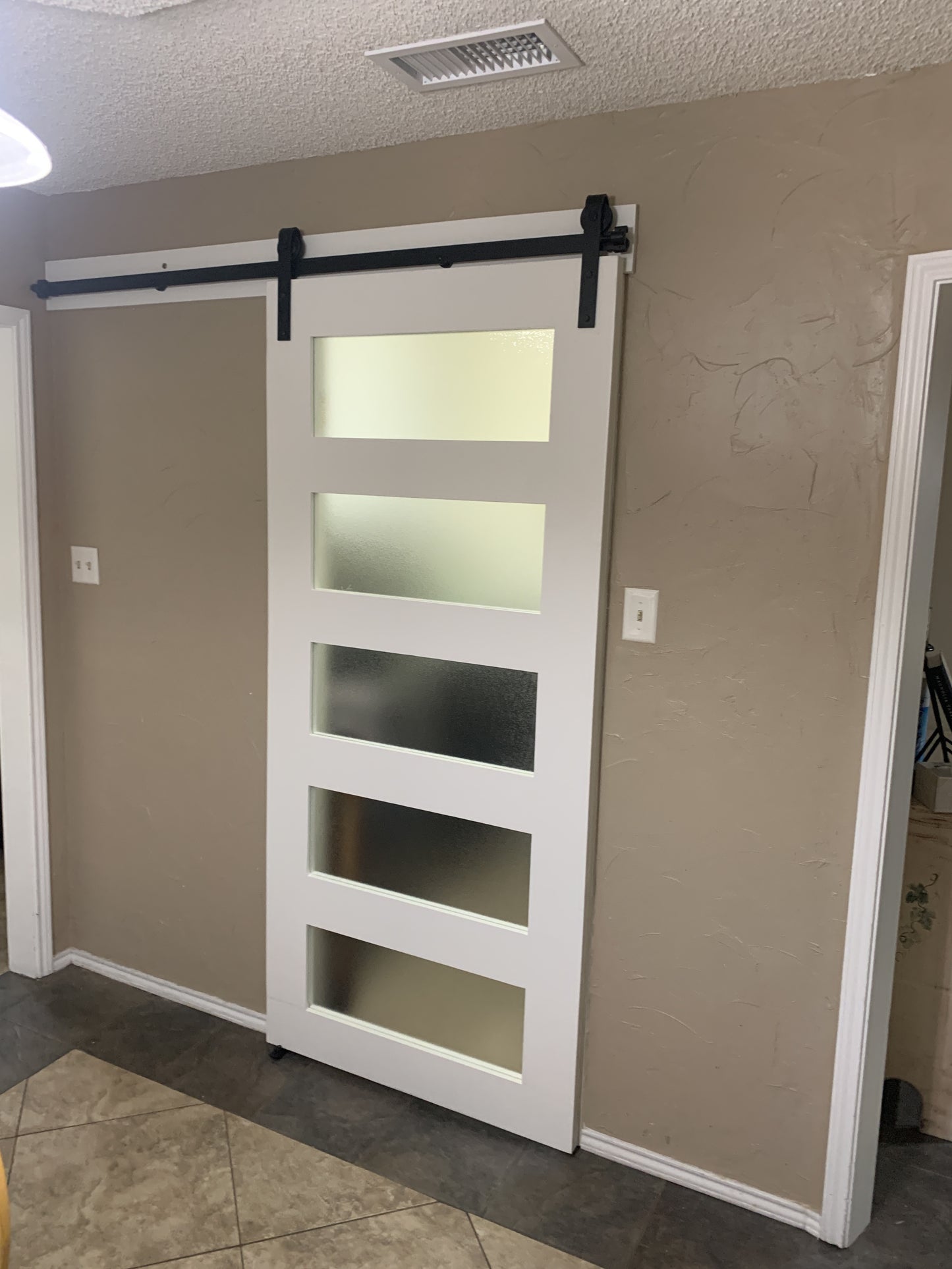 Horizontal Slat Frosted Glass Barn Door
