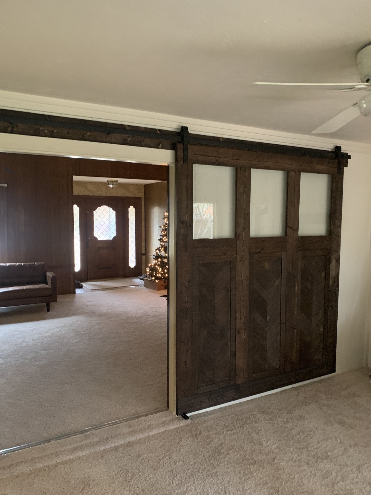 Chevron Style Barn Door with Glass Panels