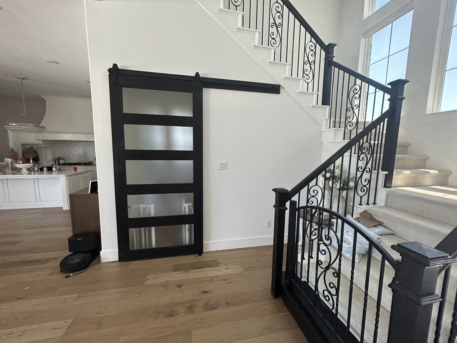 Horizontal Slat Frosted Glass Barn Door with Black Frame