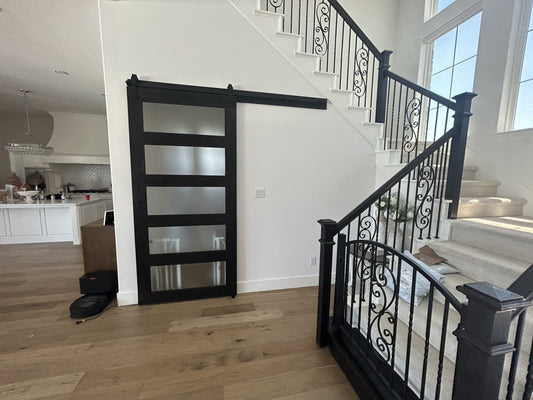 Horizontal Slat Frosted Glass Barn Door with Black Frame