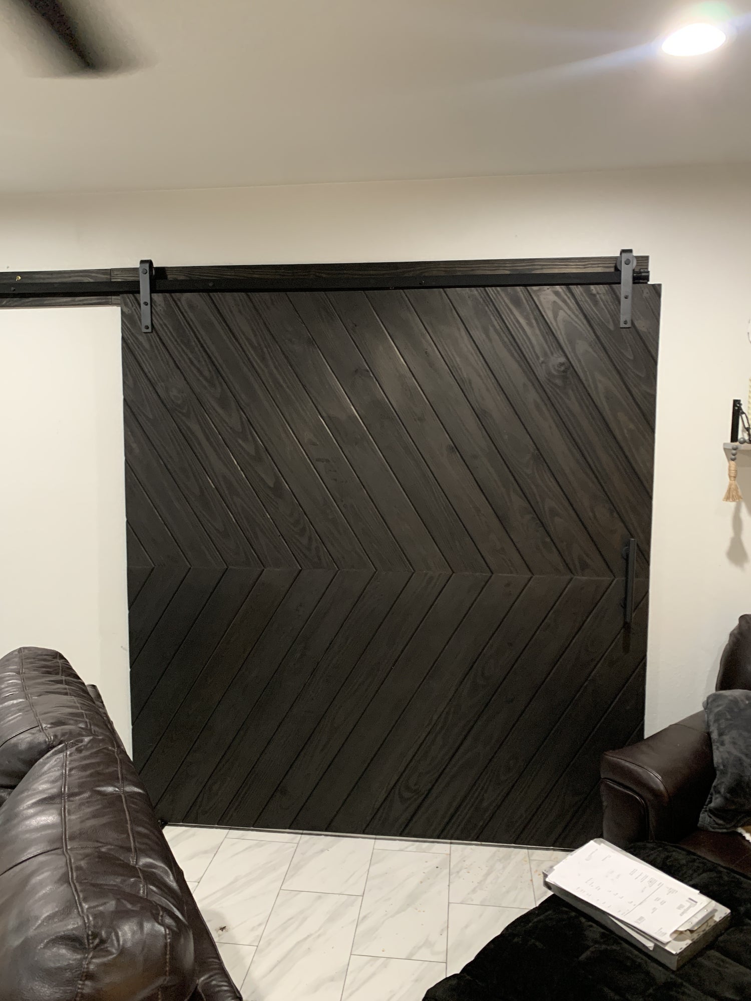 Chevron Barn Door with Black Finish and Metal Hardware