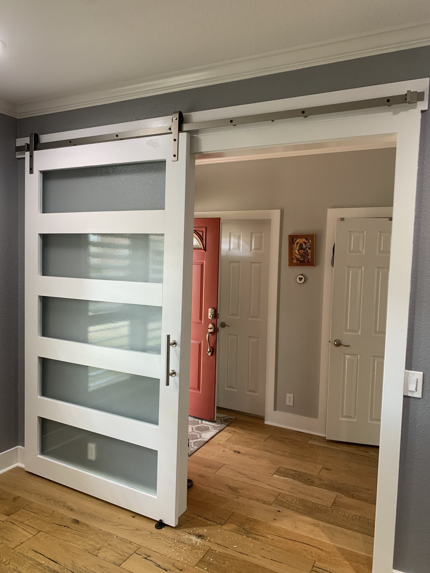 Modern Horizontal Slat Barn Door with Frosted Glass