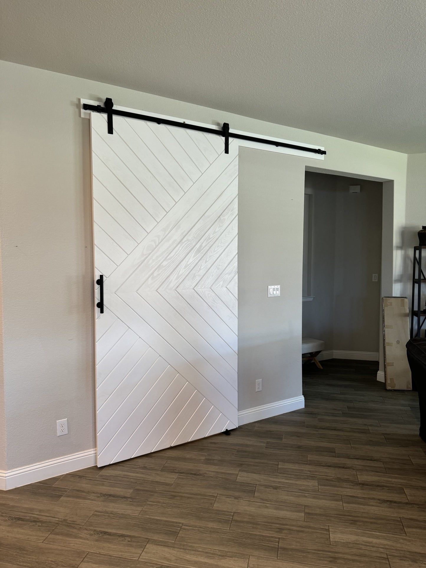Chevron Slat Barn Door with Black Steel Hardware