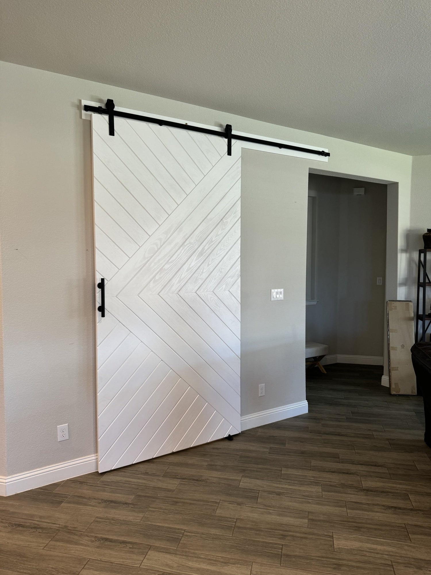 Chevron Slat Barn Door with Black Steel Hardware