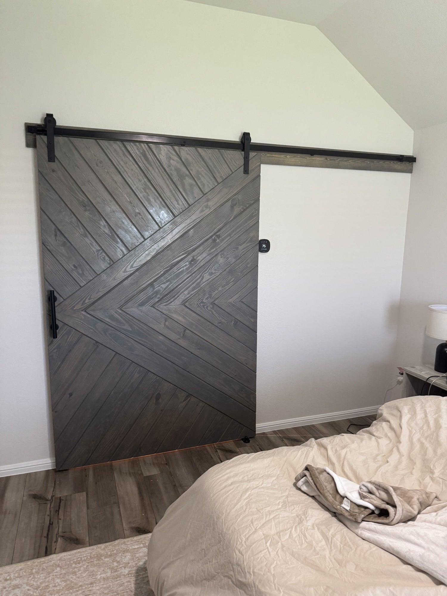 Diagonal Slat Barn Door with Black Hardware