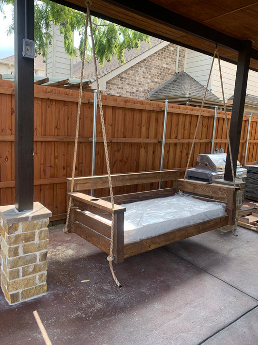 Twin size cedar porch swing bed with natural cedar finish and clear coat
