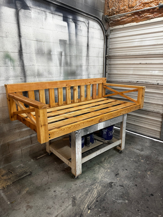 Twin size cedar porch swing bed with natural cedar finish and clear coat