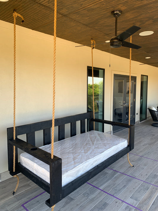 Twin size cedar porch swing bed with natural cedar finish and clear coat